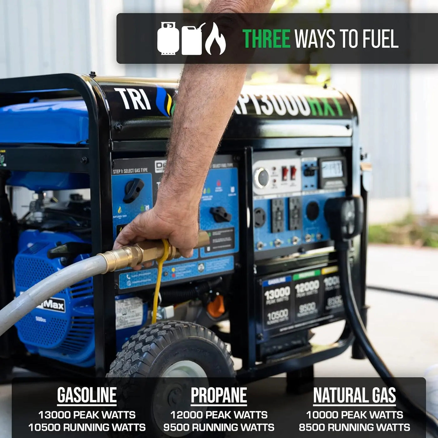 DuroMax XP13000HXT 13,000-Watt 500cc Tri Fuel Gas Propane Natural Gas Portable Generator with CO Alert, Black/Blue - Generator Haven