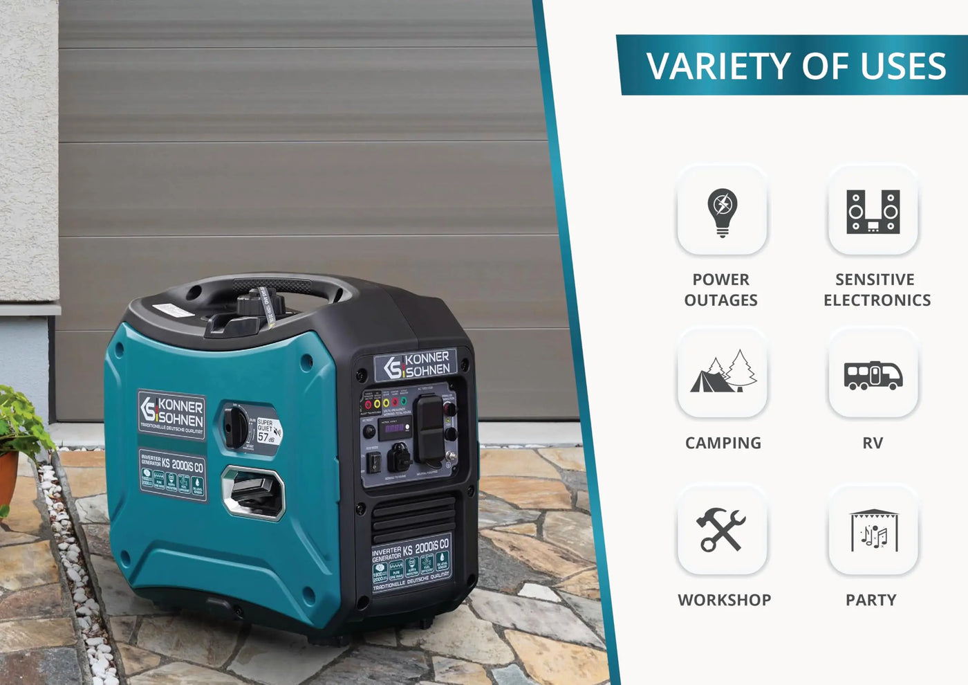 Konner&Sohnen Dual Fuel Inverter Generator - 6250 Watt,23A, 120V/ 240V, Super Quiet, Ultra Lightweight, CO Sensor, Backup Home Use, Outdoor, Camping, RV, Gas & LPG Powered, KS 6000iEHS CO